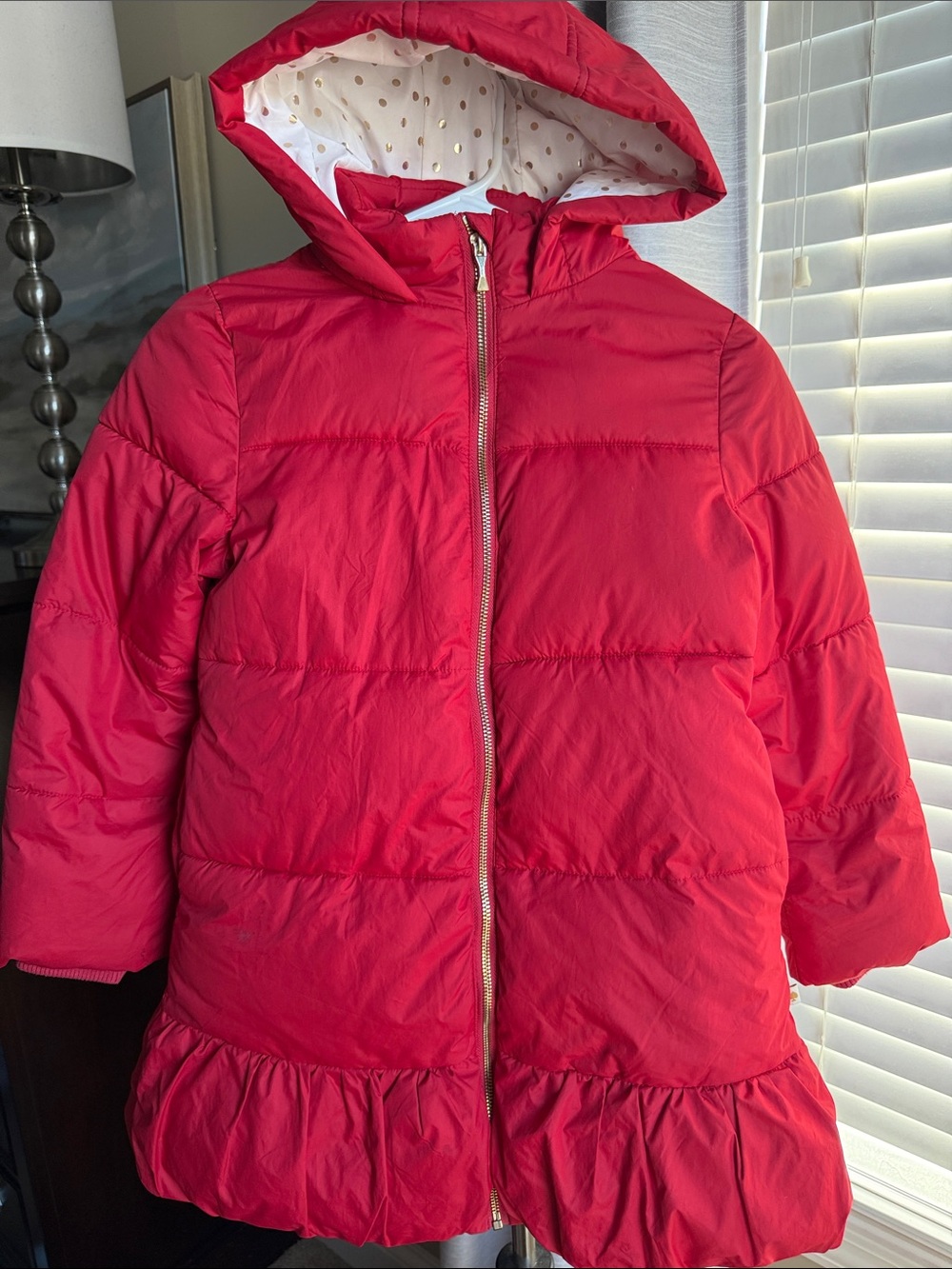 kate spade Girls' Bright Red Hooded Puffer Coat with Ruffle Hem